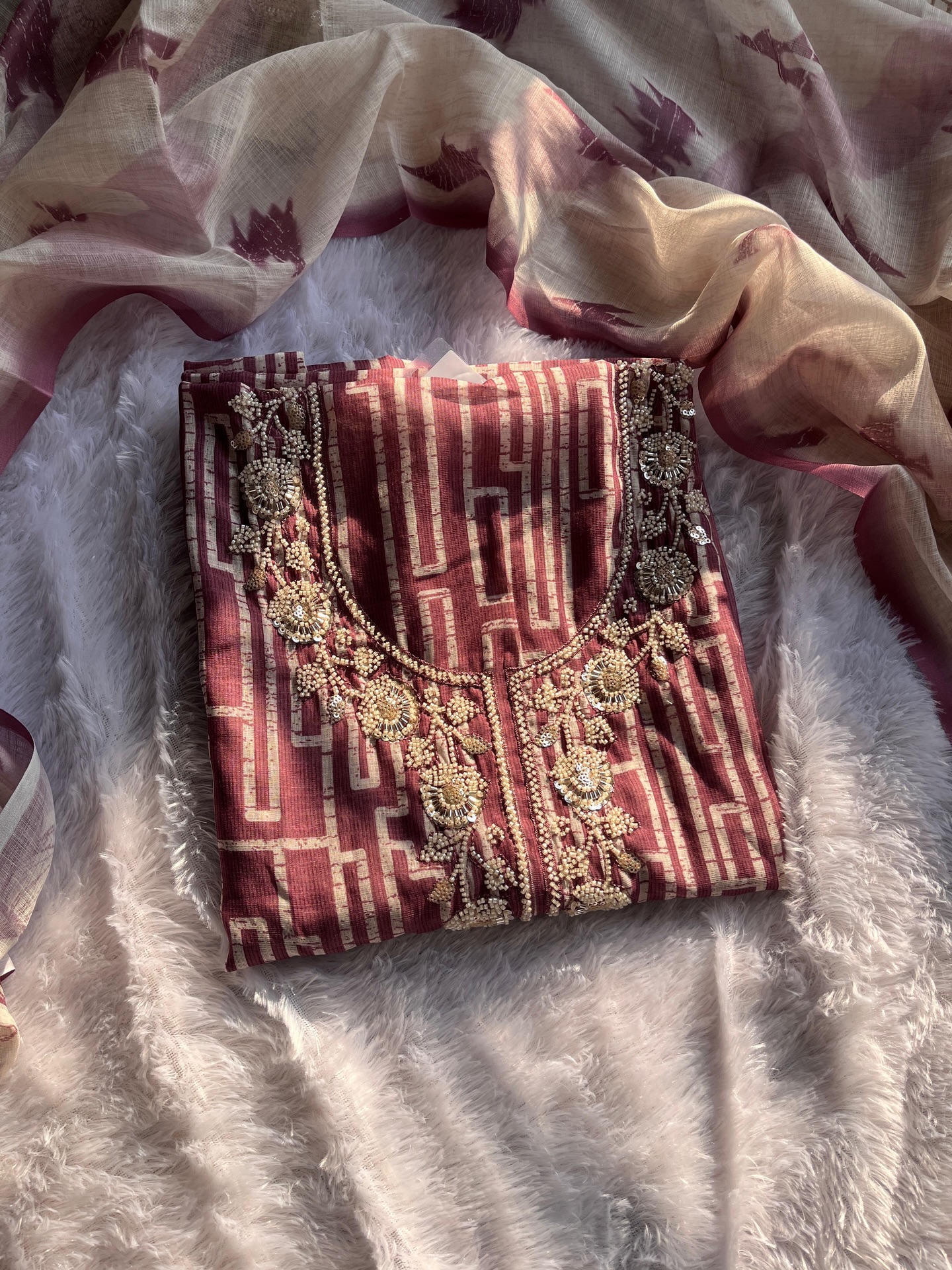 Premium Silk Unstitched Material - Autumn Leaves Theme