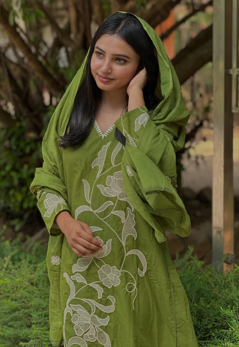 Premium Mul Cotton Green 3-Piece Kurta Set