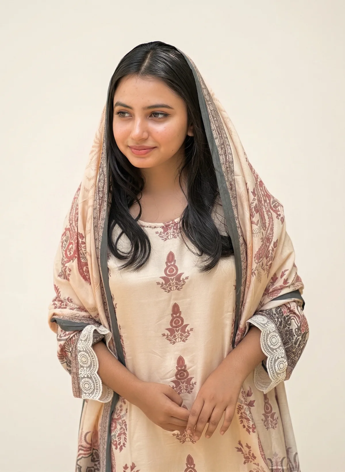 Pakistani Style Embroidered Suit Set in Ivory & Maroon