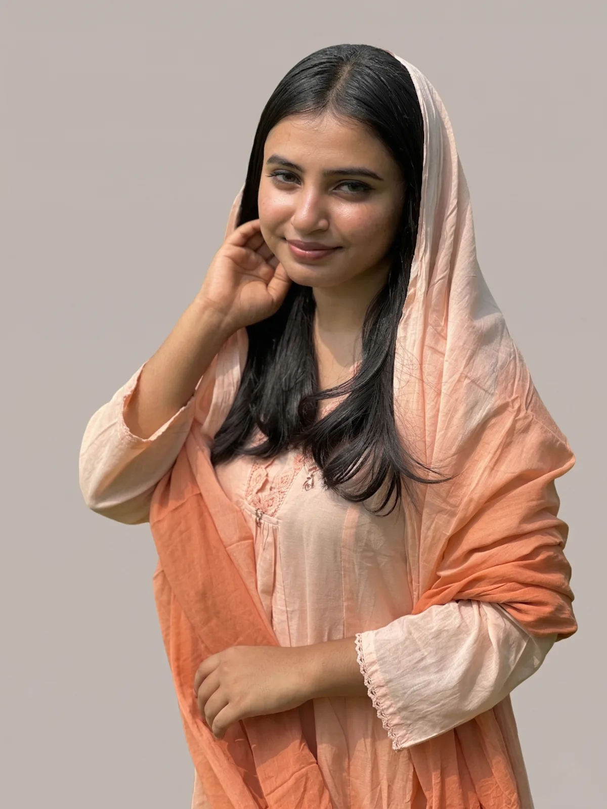Soft Peach Ombre Cotton Kurta Set with Lace Detailing