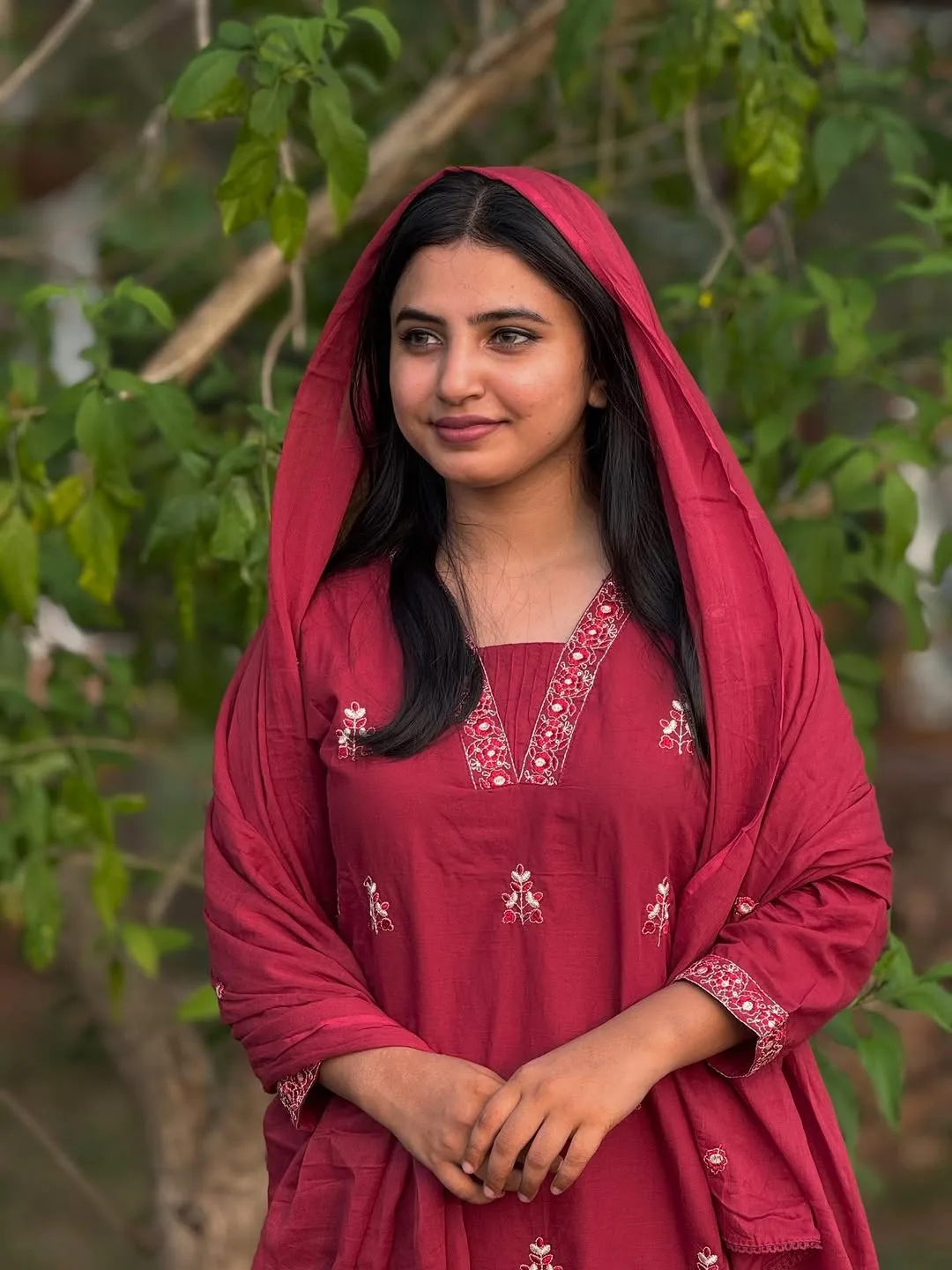 Deep Red V-Neck Ethnic Suit