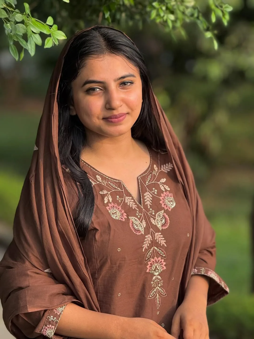 Deep Brown Embroidered 3 Piece Kurta Set with Dupatta